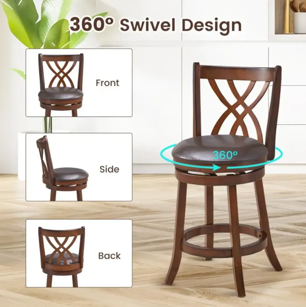 Hivvago 360° Swivel Counter Height Chairs with PU Leather Cushioned Seat and Footrests