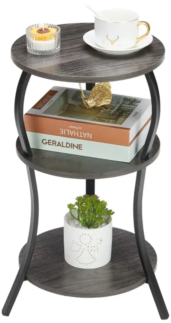 Small Round Side Table, 3-Tier Slim Waist Circular End Table with Storage Shelf, Compact Tea Sofa Side Table, Vintage Round Corn