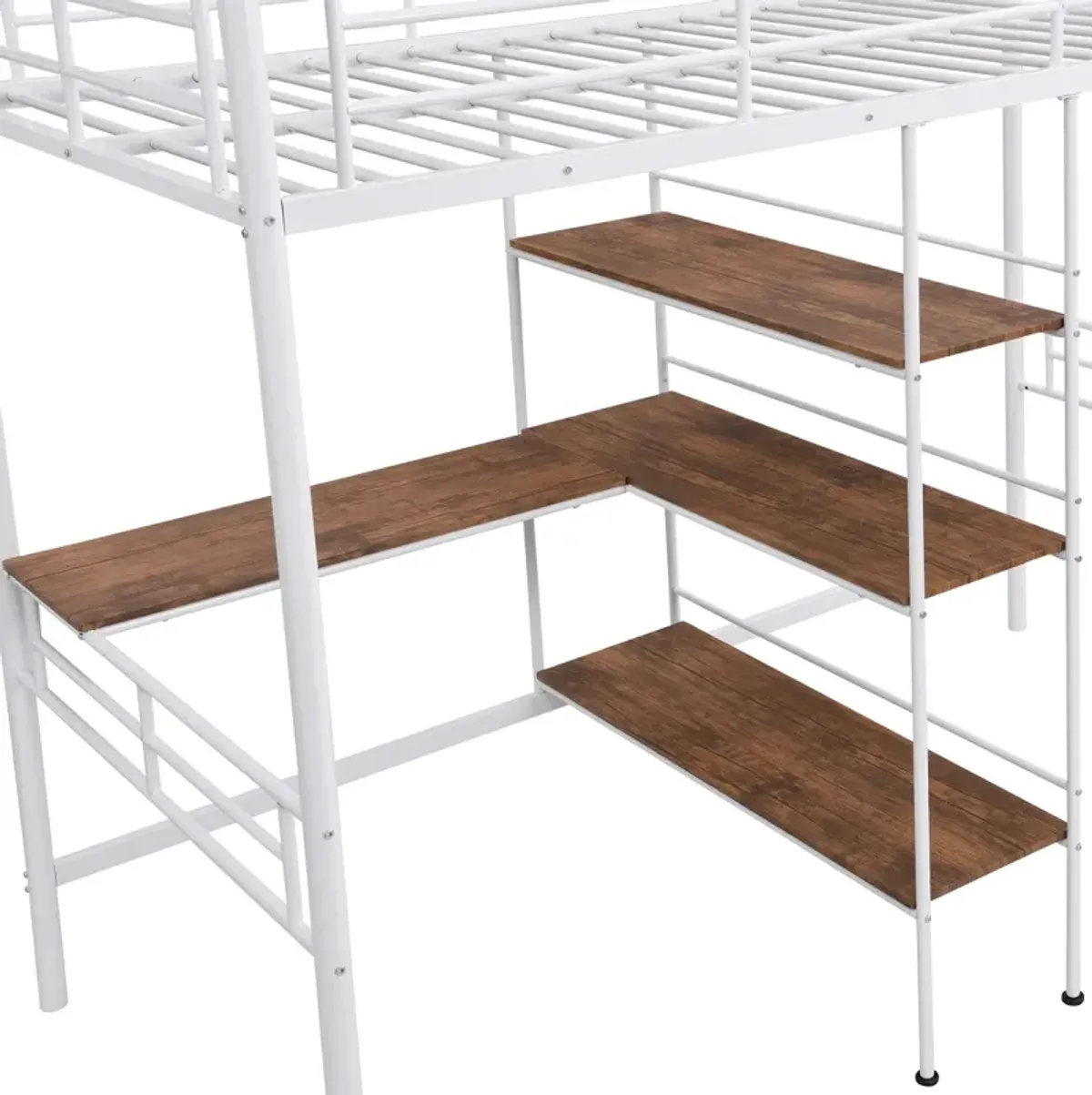 Twin Size Metal Loft Bed and Built-in Desk and Shelves