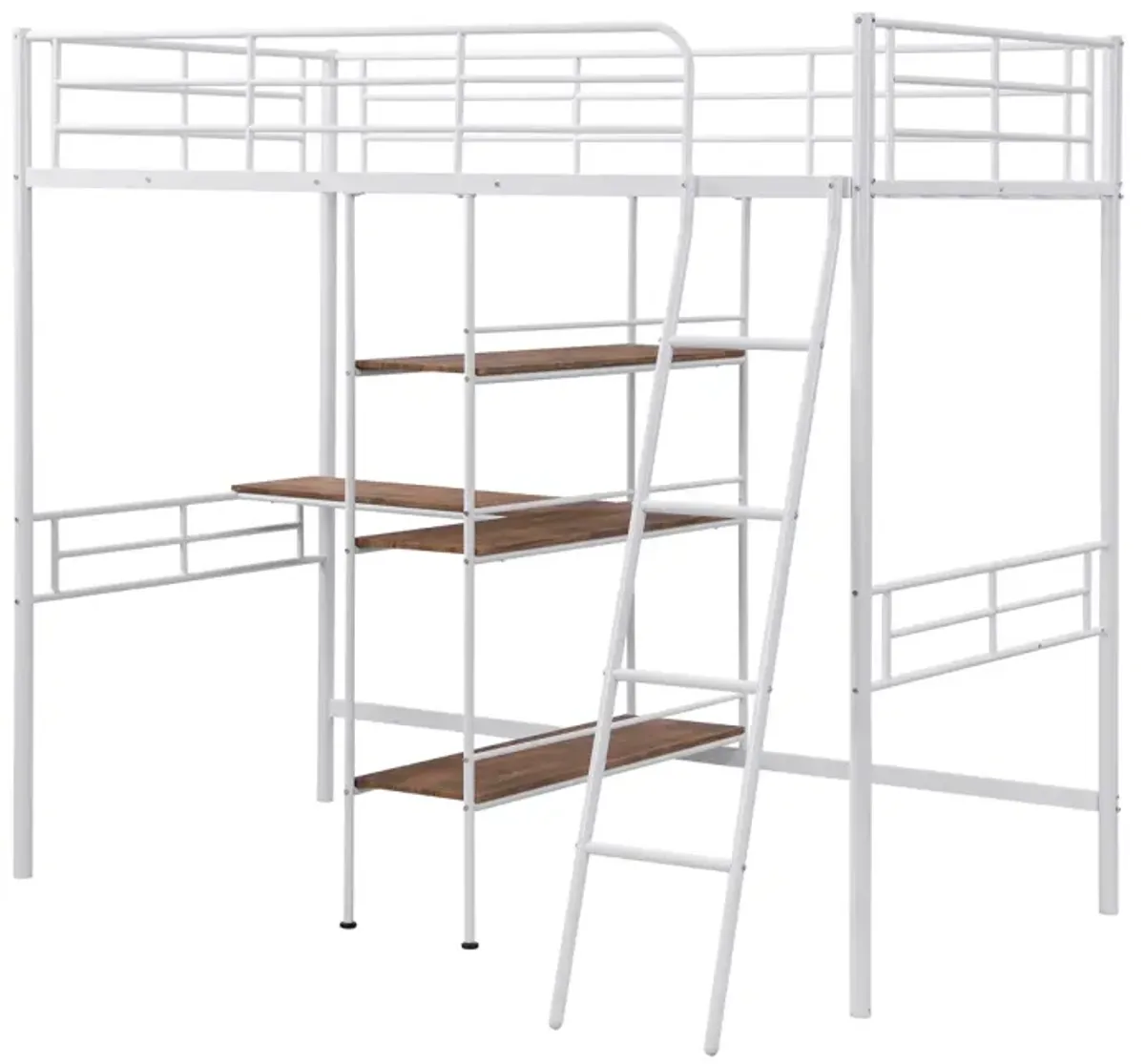 Twin Size Metal Loft Bed and Built-in Desk and Shelves