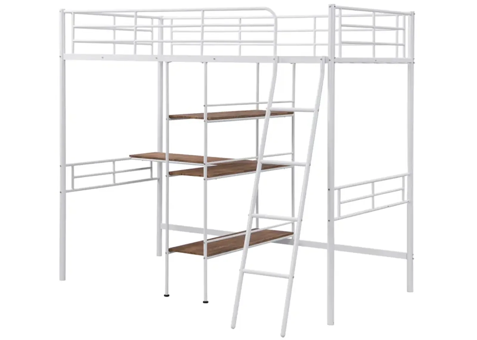 Twin Size Metal Loft Bed and Built-in Desk and Shelves