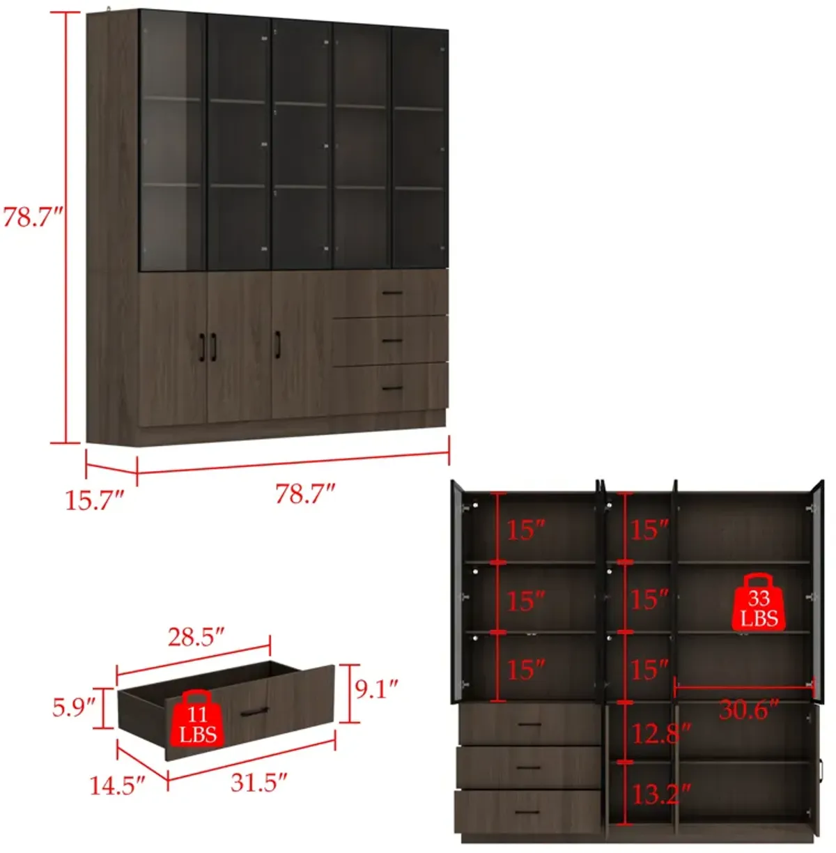 78.7”W Display Cabinet Curio Cabinet with Light & Pop-up Glass Doors, Storage Cabinet Bookcase with 5-Tier Shelves & 3 Drawers for Living Room/Home Office, Dark Brown (78.7”W x 15.7”D x 78.7”H)