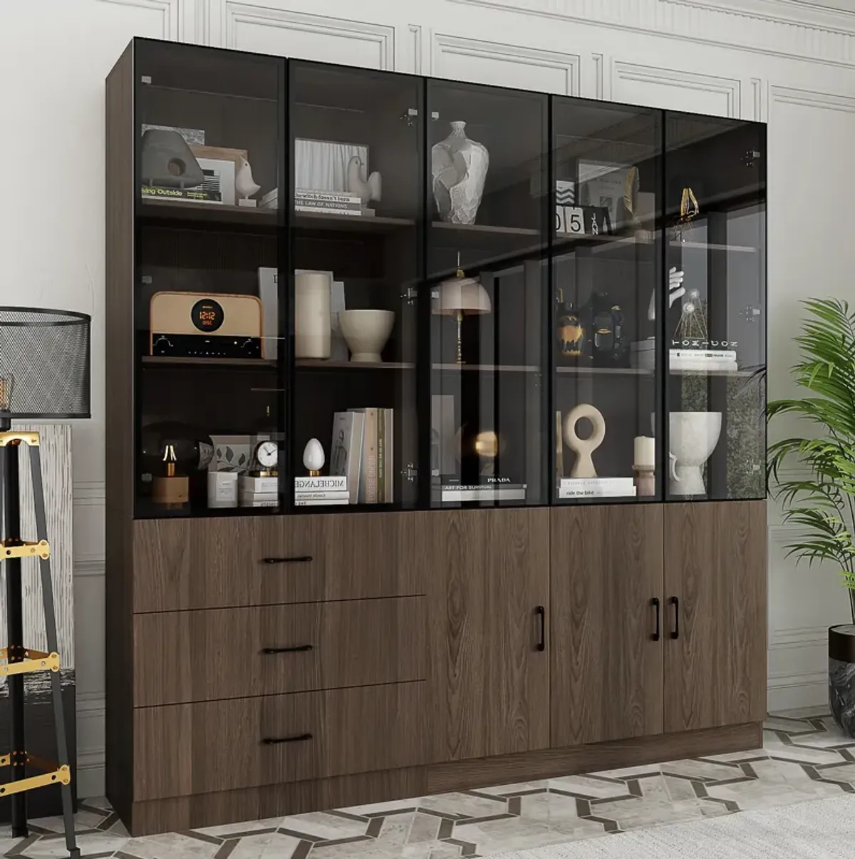 78.7”W Display Cabinet Curio Cabinet with Light & Pop-up Glass Doors, Storage Cabinet Bookcase with 5-Tier Shelves & 3 Drawers for Living Room/Home Office, Dark Brown (78.7”W x 15.7”D x 78.7”H)