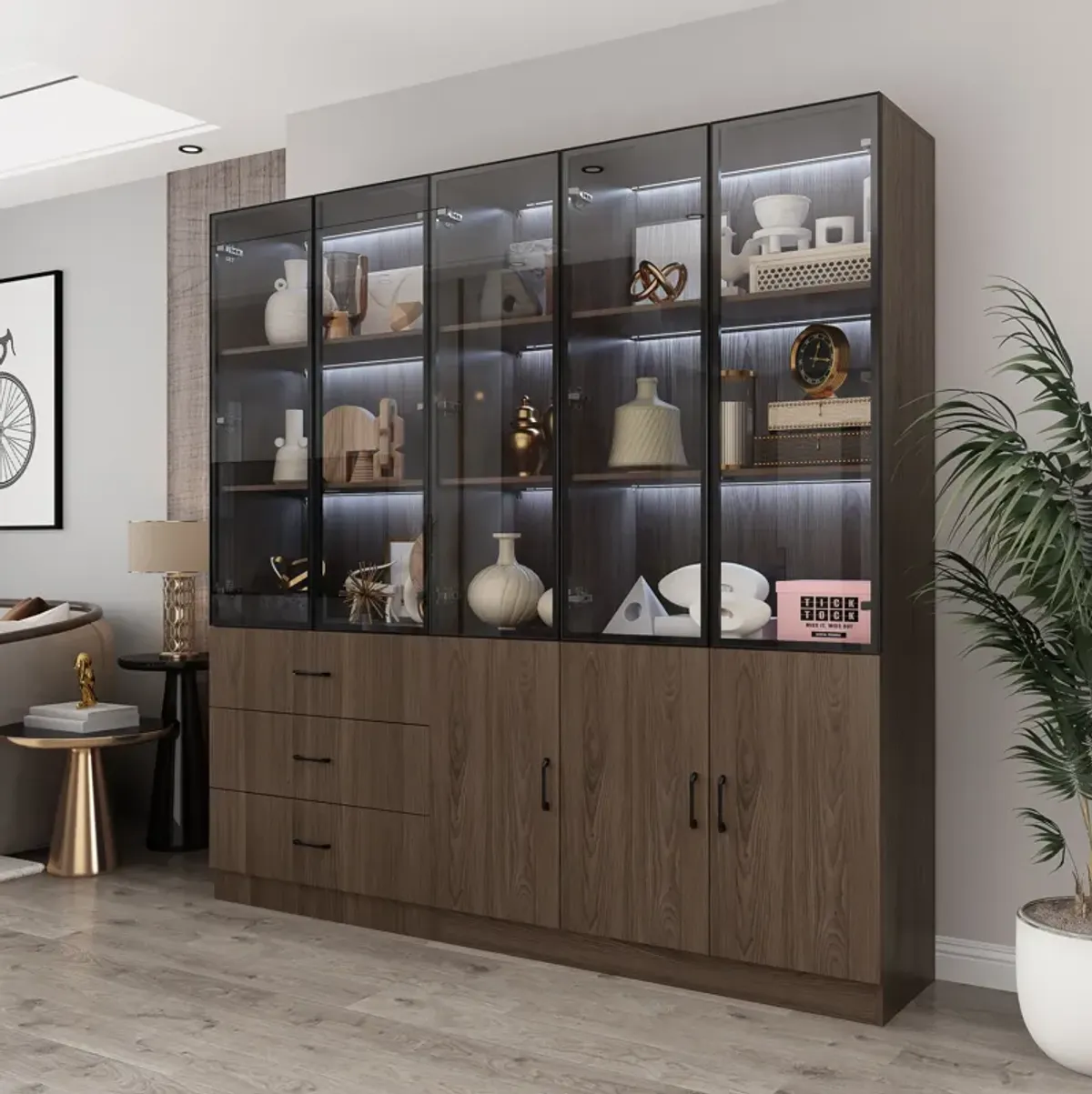 78.7”W Display Cabinet Curio Cabinet with Light & Pop-up Glass Doors, Storage Cabinet Bookcase with 5-Tier Shelves & 3 Drawers for Living Room/Home Office, Dark Brown (78.7”W x 15.7”D x 78.7”H)