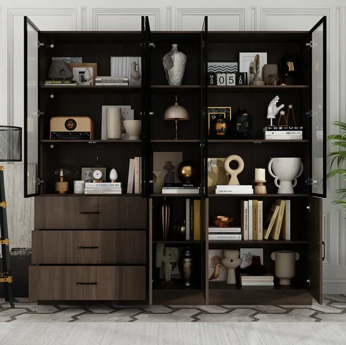 78.7”W Display Cabinet Curio Cabinet with Light & Pop-up Glass Doors, Storage Cabinet Bookcase with 5-Tier Shelves & 3 Drawers for Living Room/Home Office, Dark Brown (78.7”W x 15.7”D x 78.7”H)