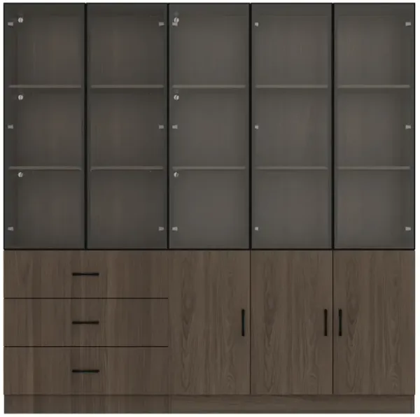 78.7”W Display Cabinet Curio Cabinet with Light & Pop-up Glass Doors, Storage Cabinet Bookcase with 5-Tier Shelves & 3 Drawers for Living Room/Home Office, Dark Brown (78.7”W x 15.7”D x 78.7”H)