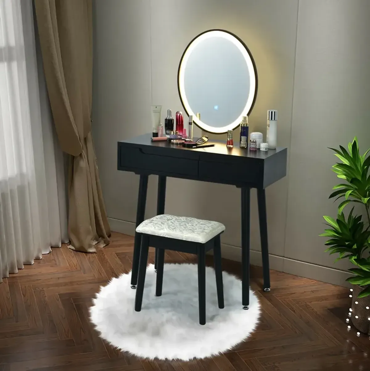 Touch Screen Vanity Makeup Table Stool Set with Lighted Mirror