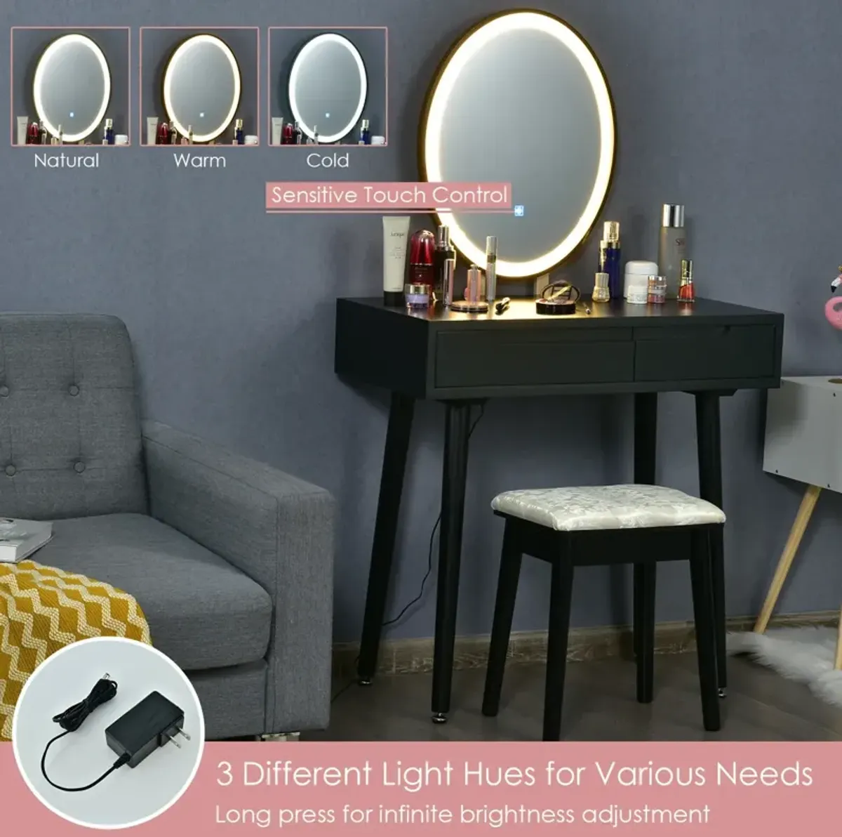 Touch Screen Vanity Makeup Table Stool Set with Lighted Mirror