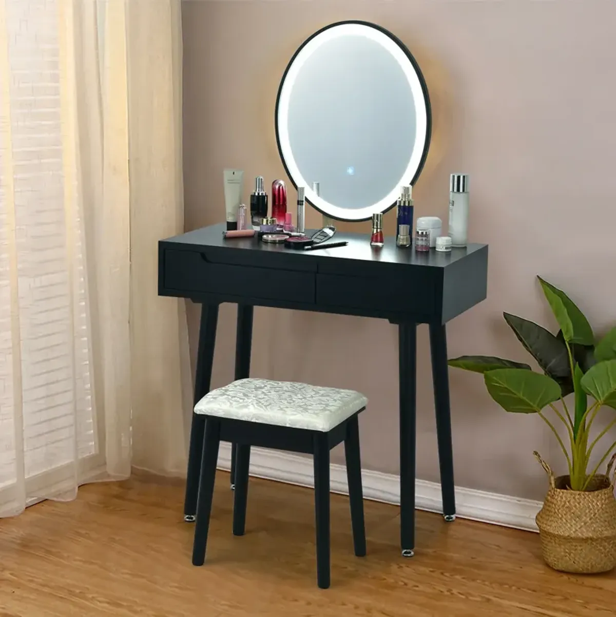 Touch Screen Vanity Makeup Table Stool Set with Lighted Mirror