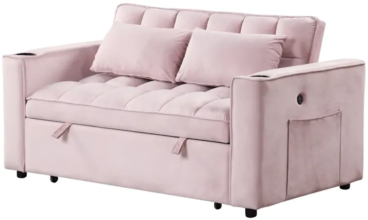 55.3" 41 Multifunctional Sofa Bed With Cup Holder And USB Port For Living Room Or Apartments Pink