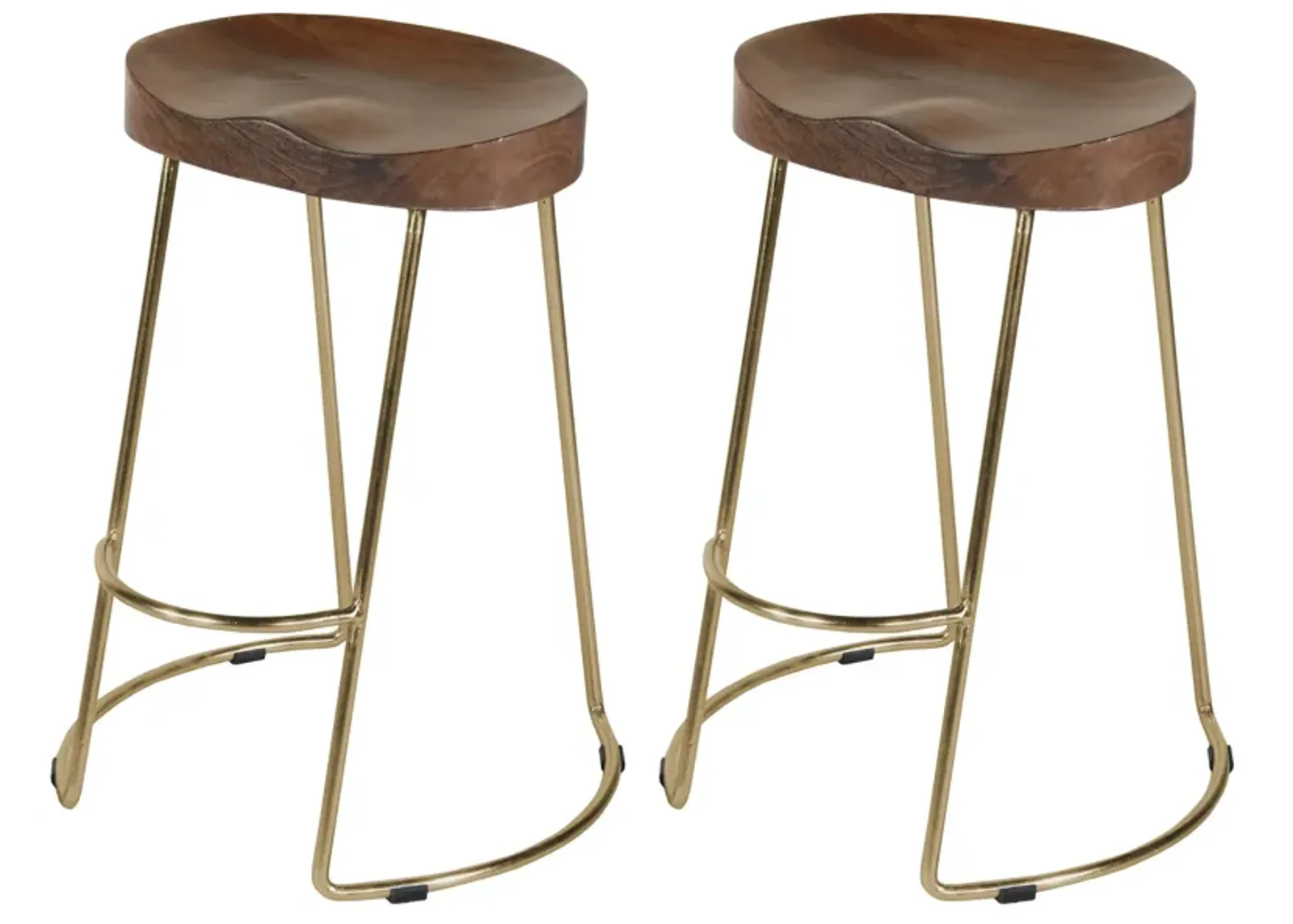 Ela 30 Inch Mango Wood Bar Stool, Saddle Seat, Iron, Set of 2, Walnut Brown, Gold-Benzara