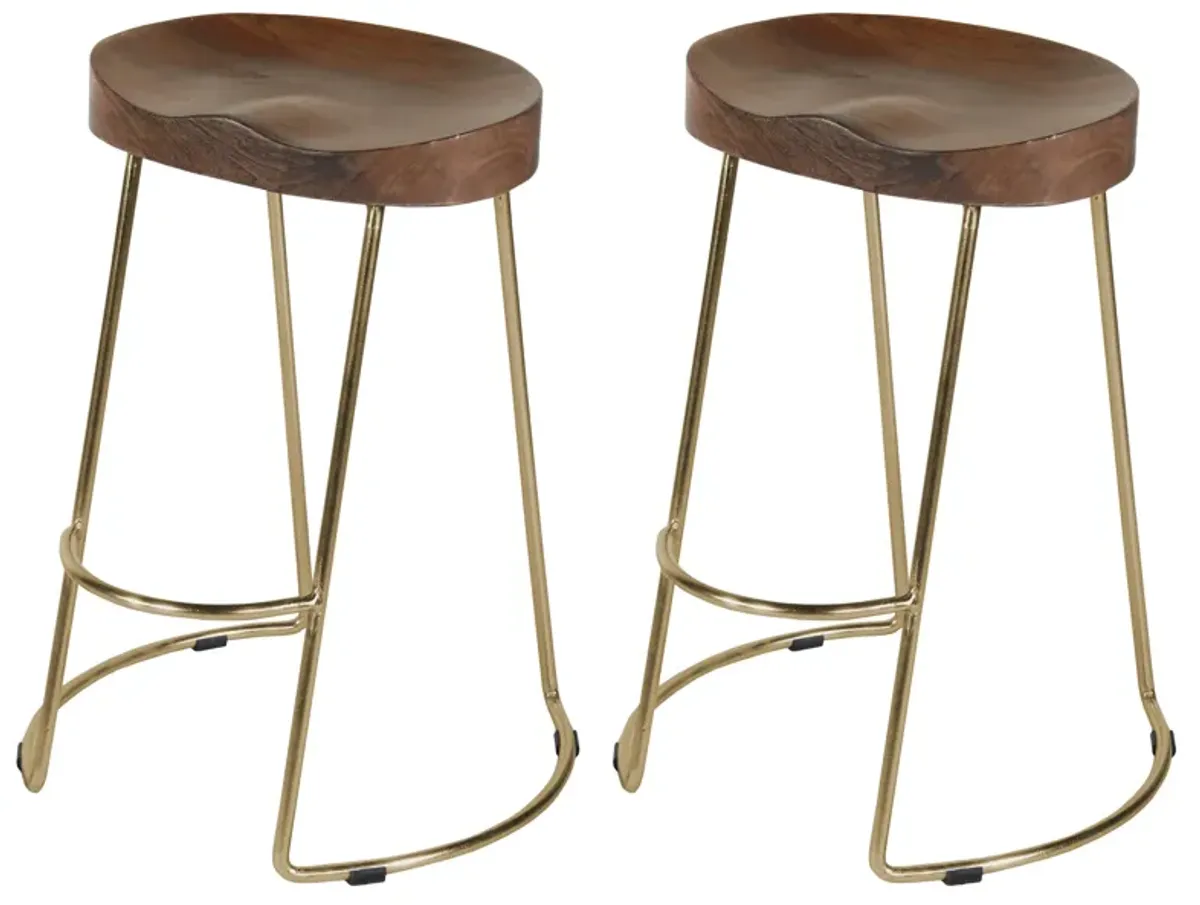 Ela 30 Inch Mango Wood Bar Stool, Saddle Seat, Iron, Set of 2, Walnut Brown, Gold-Benzara