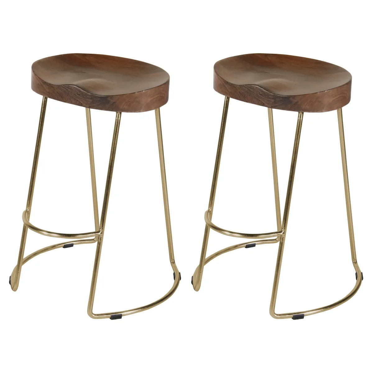 Ela 30 Inch Mango Wood Bar Stool, Saddle Seat, Iron, Set of 2, Walnut Brown, Gold-Benzara