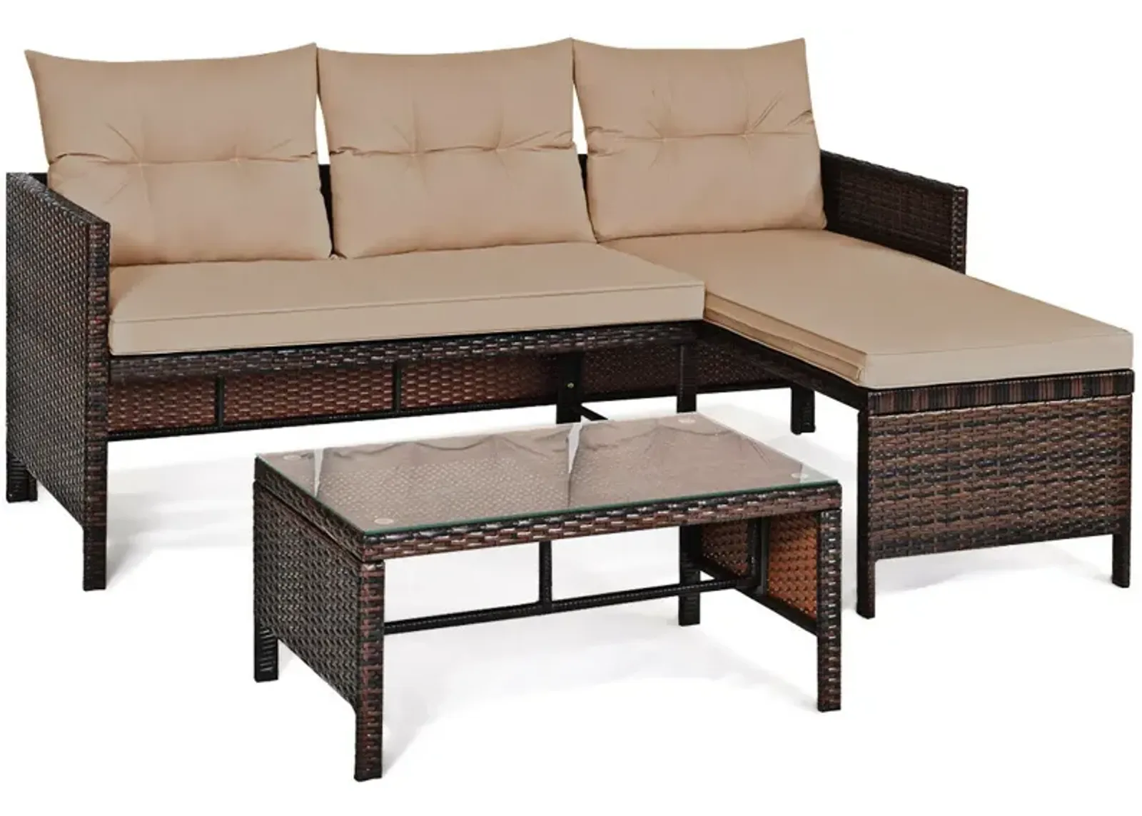 3 Pieces Outdoor Patio Corner Rattan Sofa Set