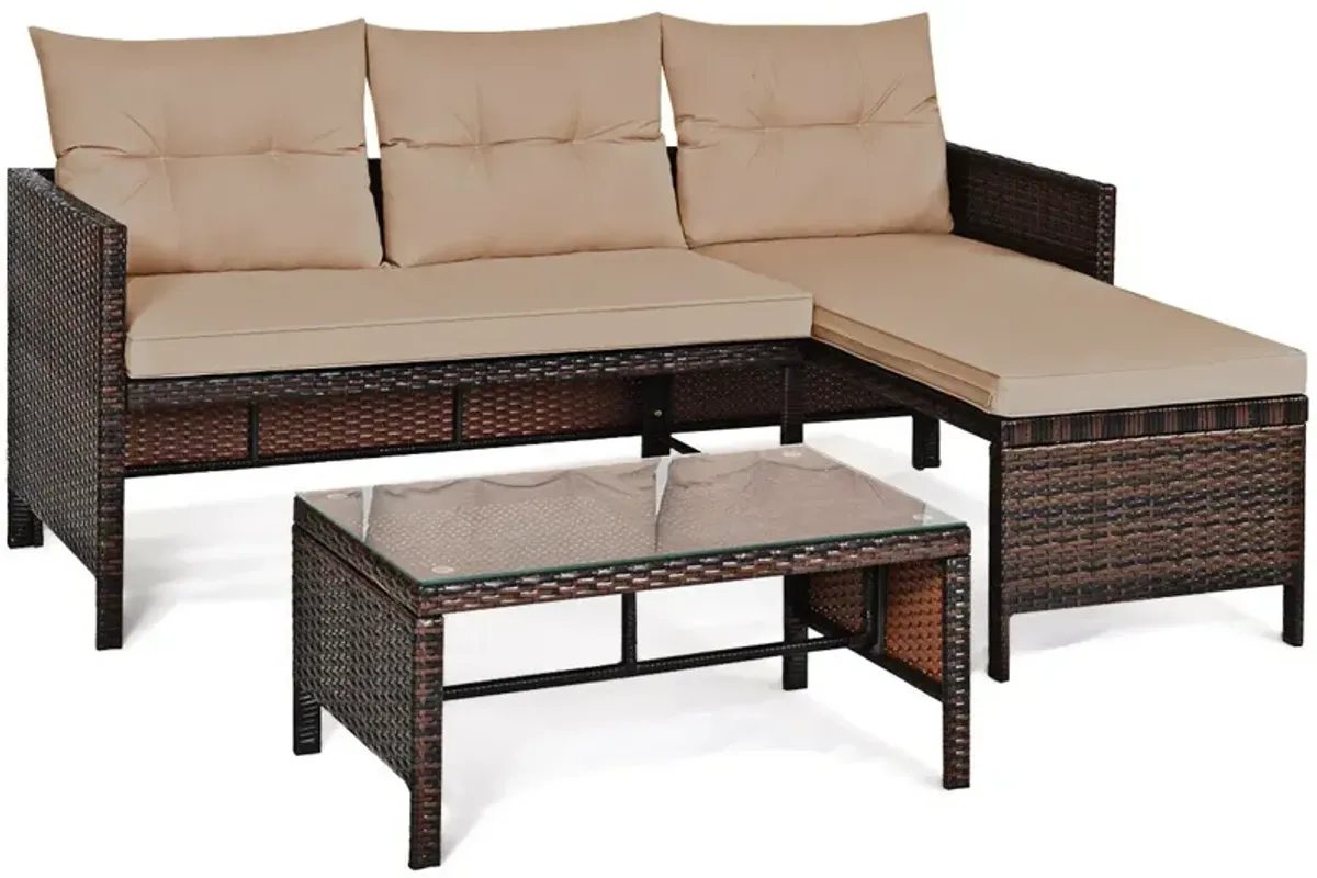 3 Pieces Outdoor Patio Corner Rattan Sofa Set