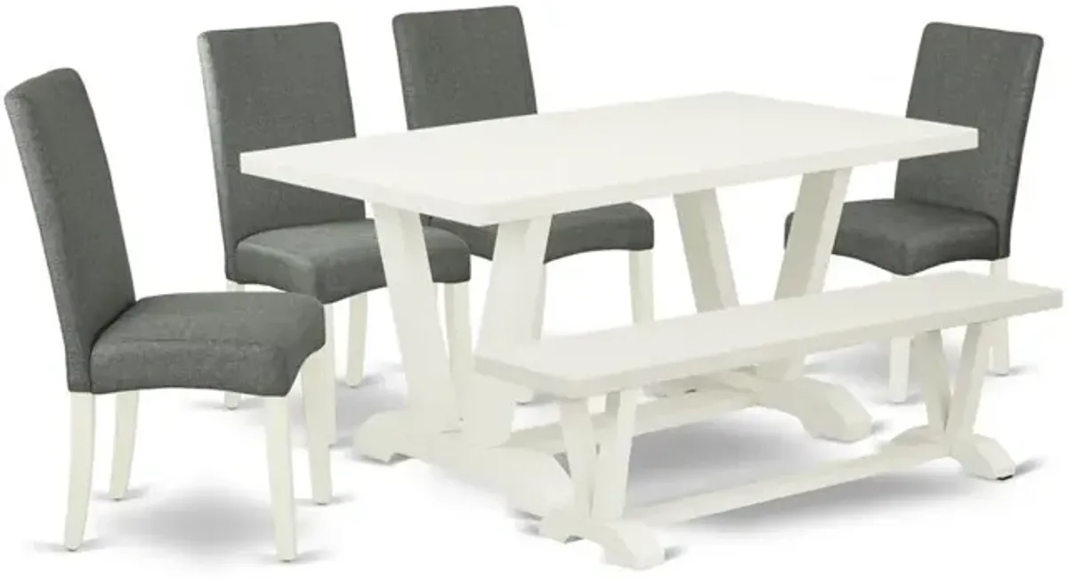 East West Furniture 6-Pc Kitchen Dinette Set-Gray Smoke Linen Fabric Seat and Stylish Chair Back Kitchen chairs, A Rectangular Bench and Rectangular Top Kitchen Dining Table with Hardwood Legs - Linen