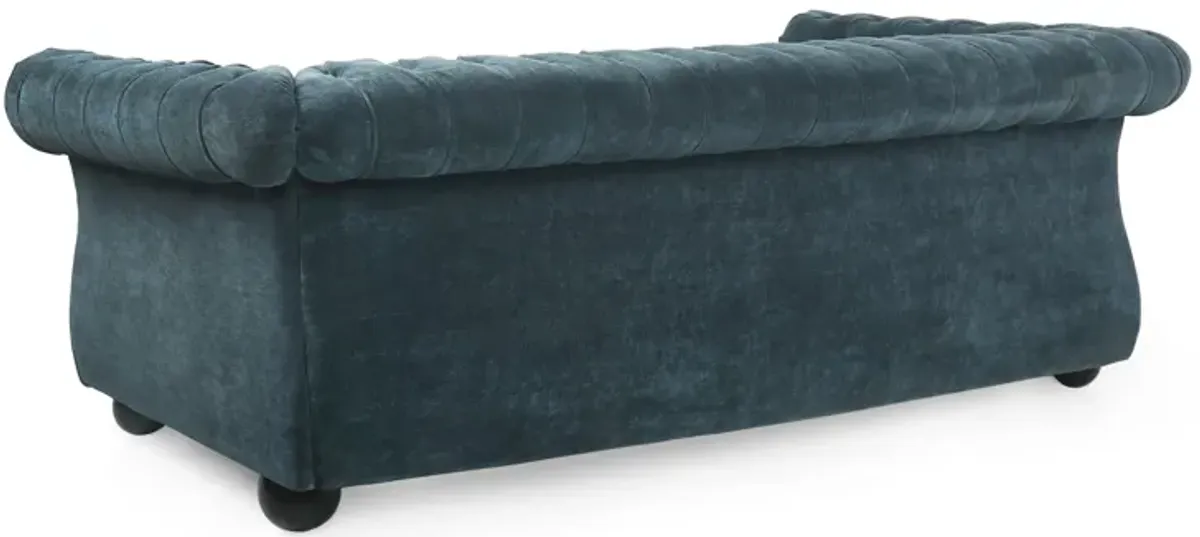 Avery Sofa, Classic Chesterfield Tufted Blue Polyester Upholstery