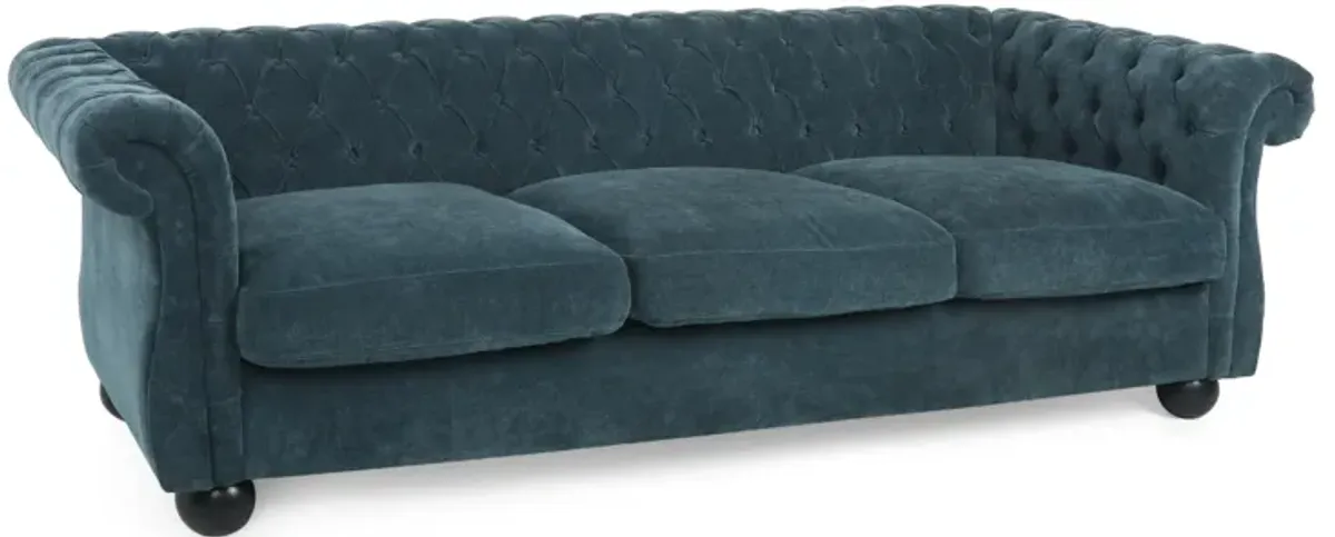 Avery Sofa, Classic Chesterfield Tufted Blue Polyester Upholstery