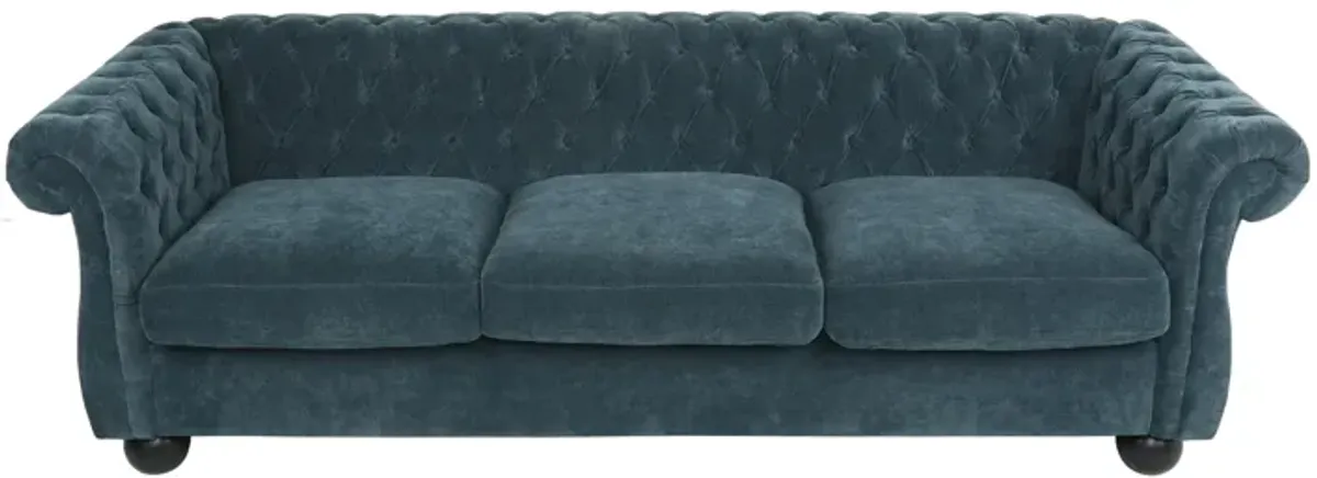 Avery Sofa, Classic Chesterfield Tufted Blue Polyester Upholstery