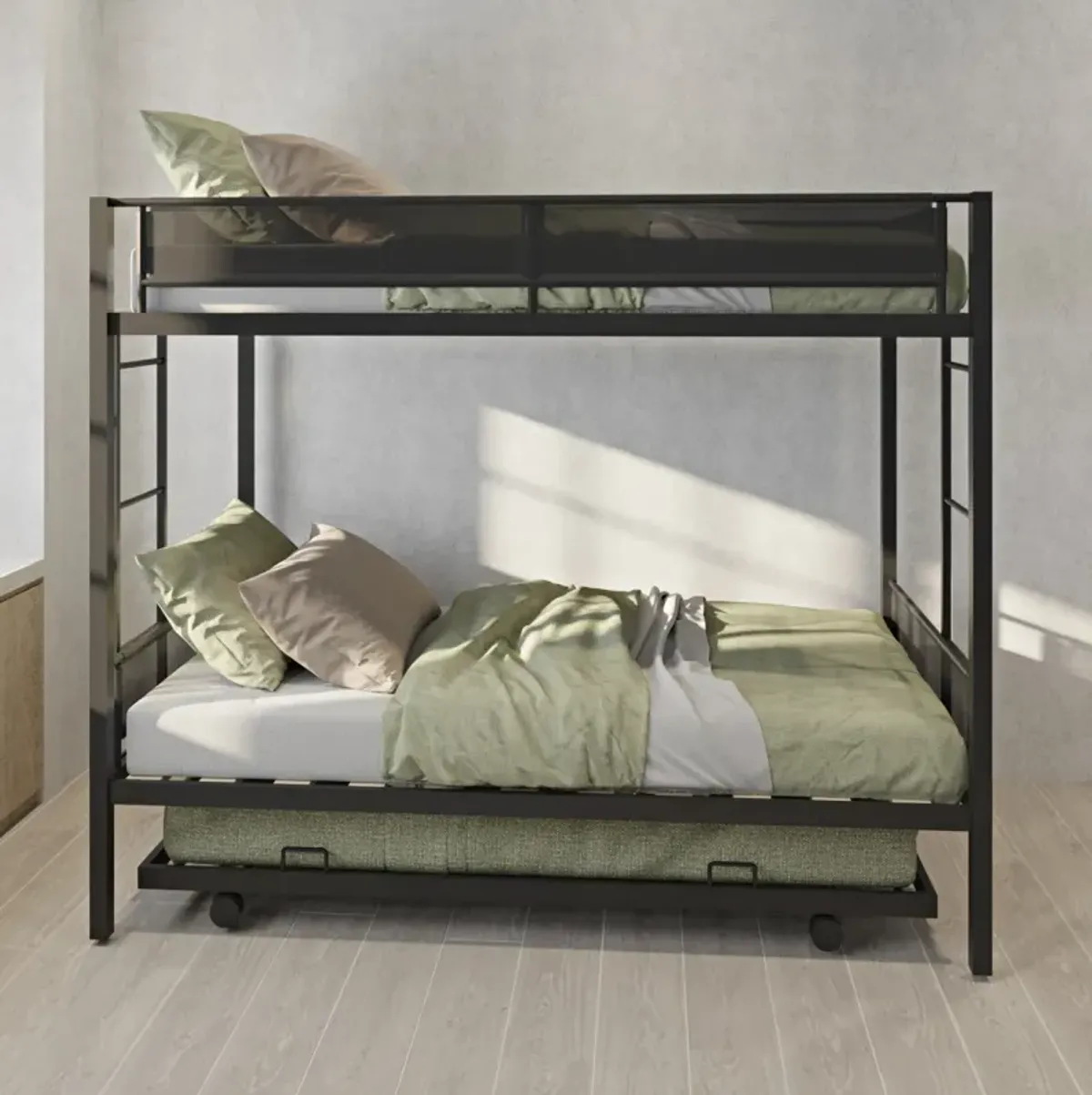 Twin Over Twin Bunk Bed With Trundle (Wood Slat And Textilene Guardrail)