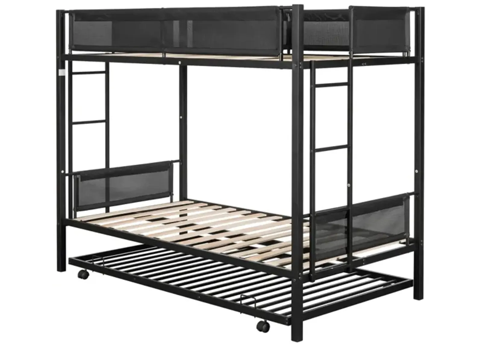 Twin Over Twin Bunk Bed With Trundle (Wood Slat And Textilene Guardrail)