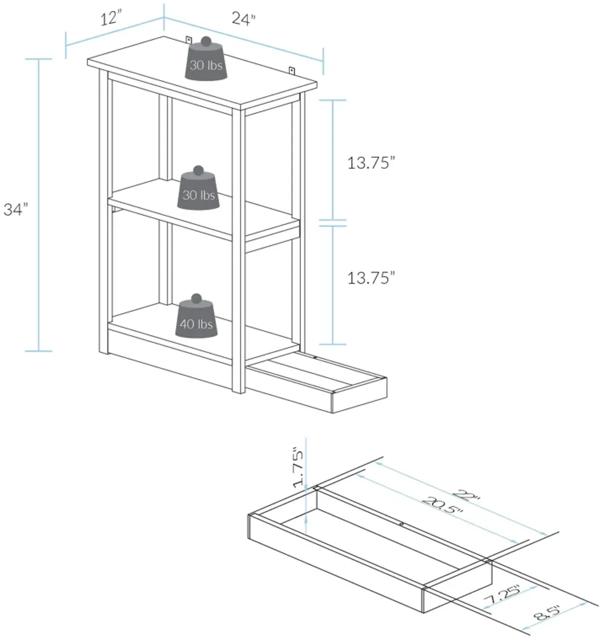 Casual Home Adams Bookcase Sliding Track, Concealment Furniture, White