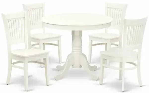 East West Furniture ANVA5-LWH-W - 5-Piece Kitchen Dining Set- 4 Wooden Chairs and Dining Room Table - Wooden Seat and Slatted Chair Back (Linen White Finish)