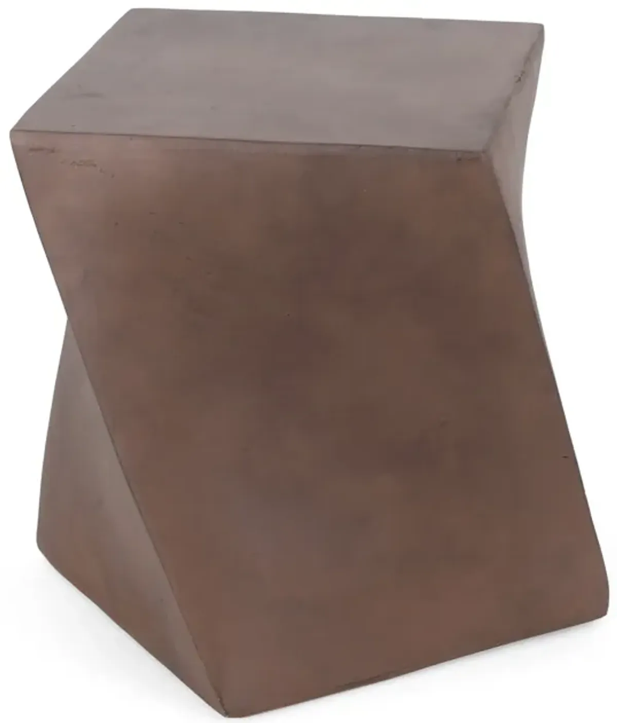 Outdoor Side End Table, Twisted Cube Shape Brown Faux Concrete 21 Inch - Benzara