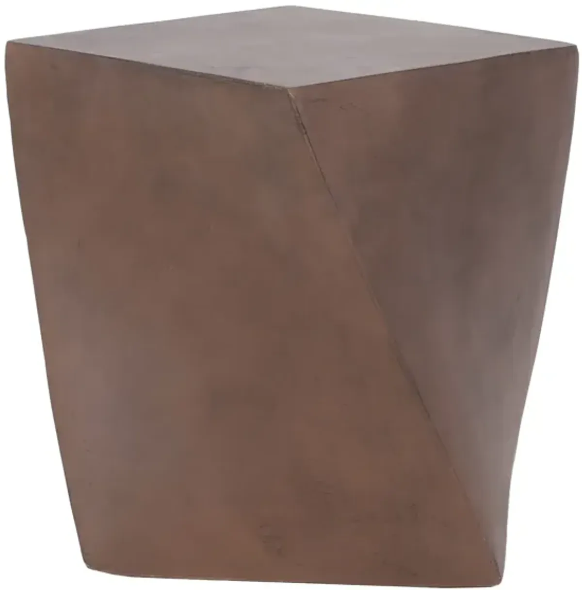 Outdoor Side End Table, Twisted Cube Shape Brown Faux Concrete 21 Inch - Benzara