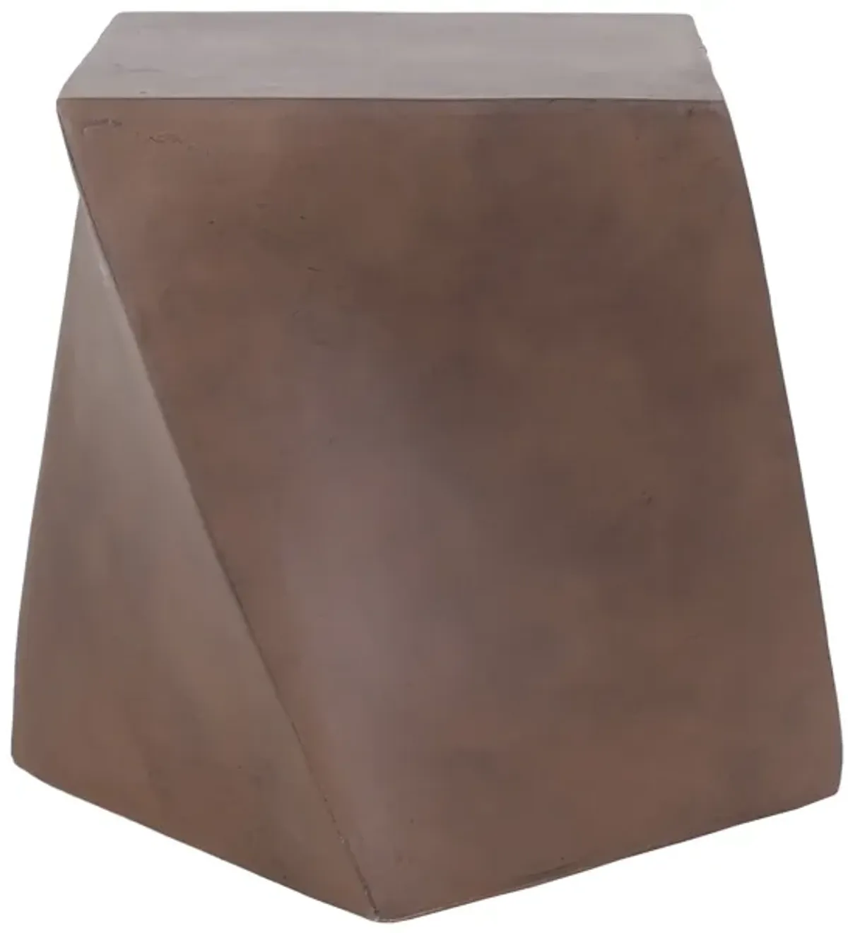 Outdoor Side End Table, Twisted Cube Shape Brown Faux Concrete 21 Inch - Benzara