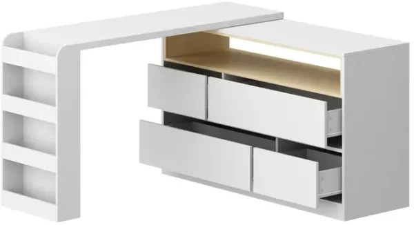 FUFU&GAGA Multi-Functional Desk with Storage, Convertible L-Shaped Table, 4 Drawers & Open Shelves, Natural Wood Finish (47.2" W x 29.5" H x 47.2" D),White