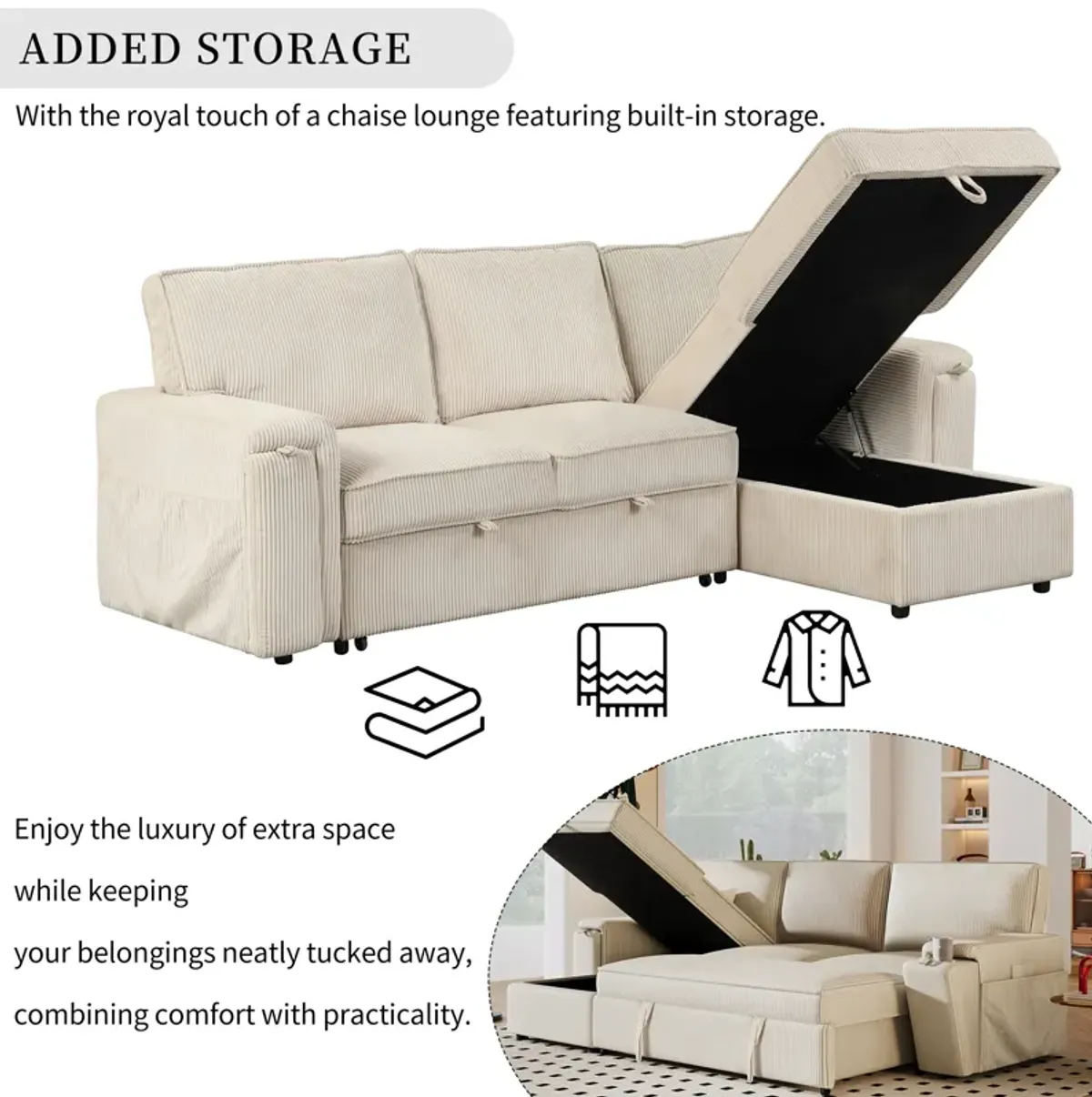 Merax Upholstery Sleeper Sectional Sofa with Storage