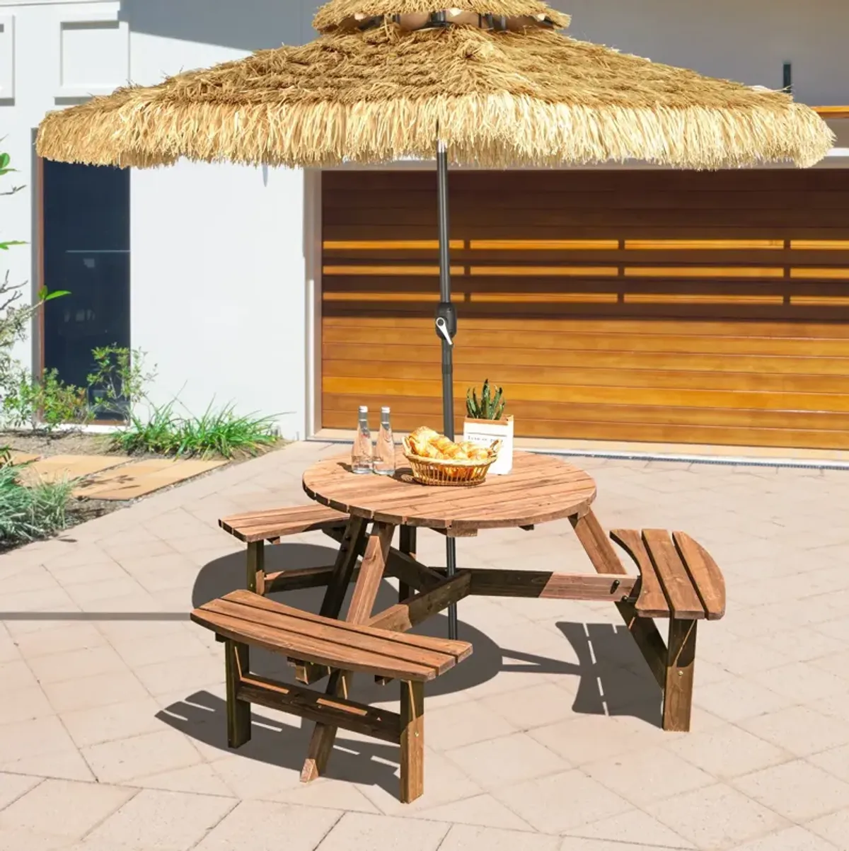 6 Person Wooden Picnic Table Set with Bench and Umbrella Hold