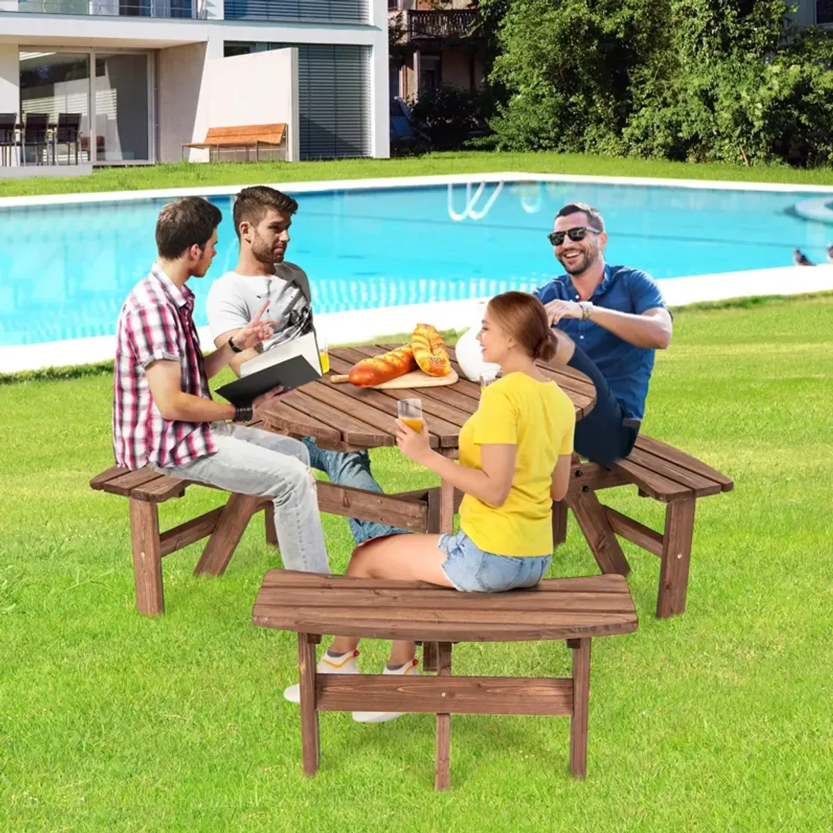 6 Person Wooden Picnic Table Set with Bench and Umbrella Hold