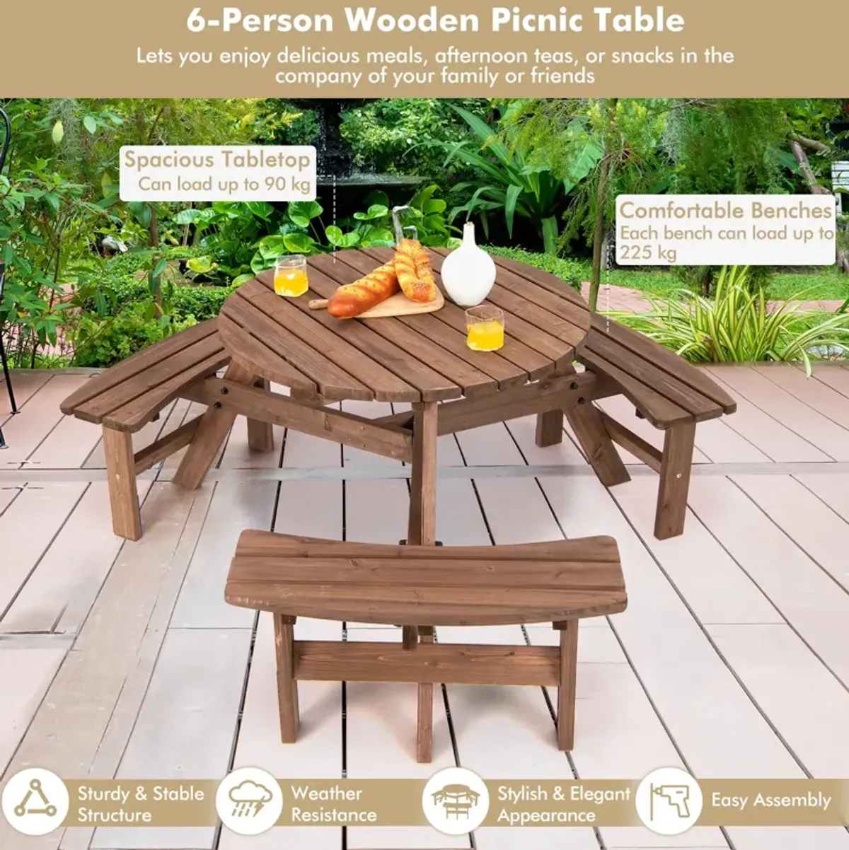 6 Person Wooden Picnic Table Set with Bench and Umbrella Hold