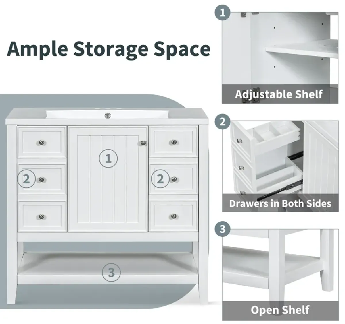 Gewnee 36" Bathroom Vanity with Sink Combo, One Cabinet and Three Drawers, Solid Wood and MDF Board