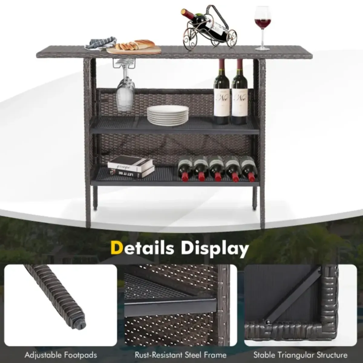 Hivvago Outdoor Patio Wicker Bar Table with Metal Shelves