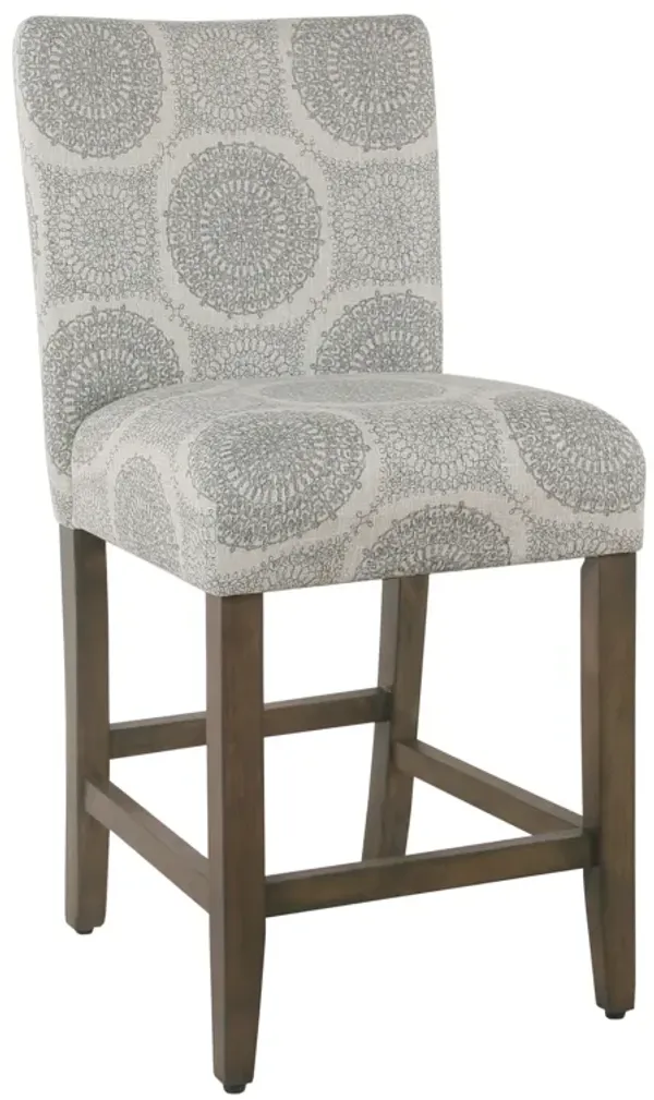 Wooden Counter Height Stool with Medallion Pattern Fabric Upholstery, Gray - Benzara