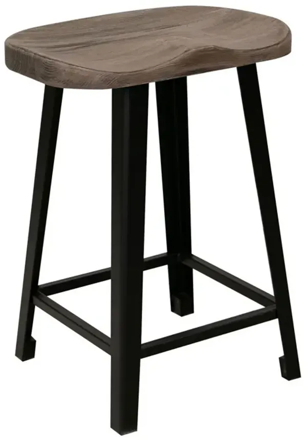 Simi 24 Inch Counter Height Stool, Industrial Black Metal Base, Brown Wood - Benzara