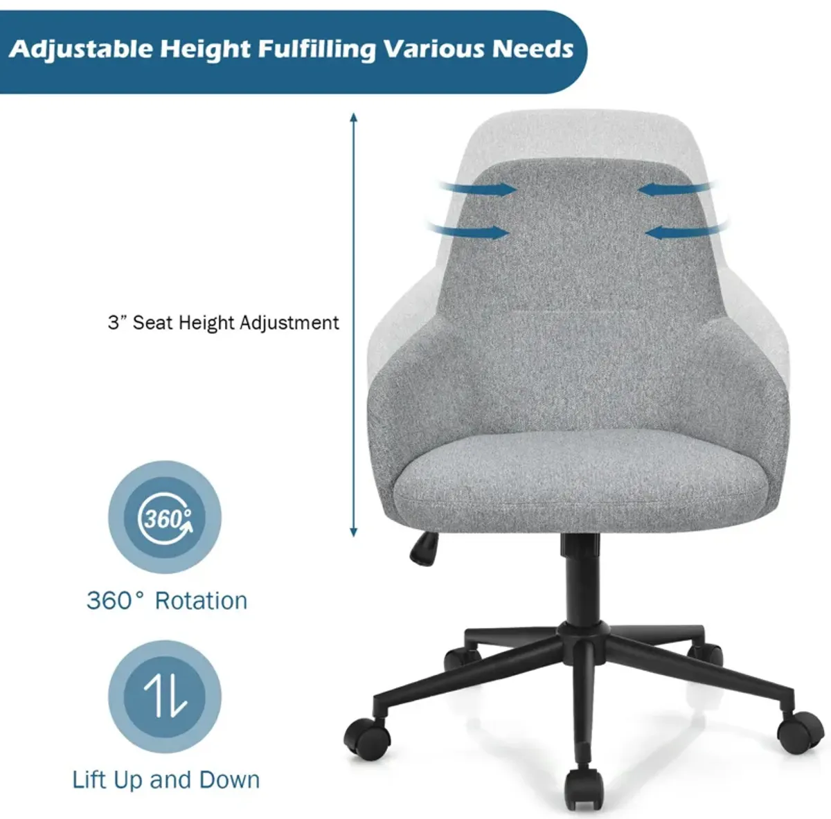 Costway Linen Accent Office Chair Adjustable Rolling Swivel Task Chair w/Armrest