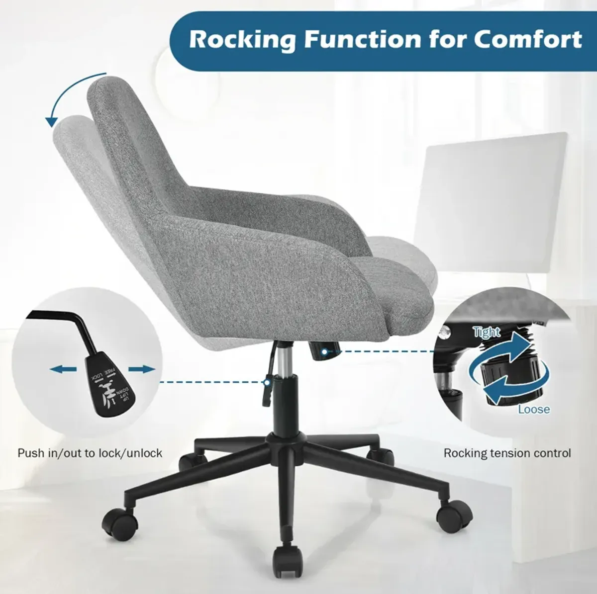 Costway Linen Accent Office Chair Adjustable Rolling Swivel Task Chair w/Armrest