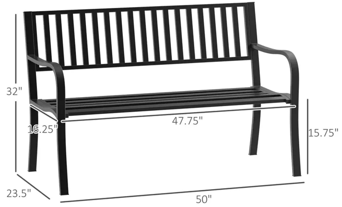 Poolside Duo Seat: 50" Black Metal Slatted Patio Bench for Two