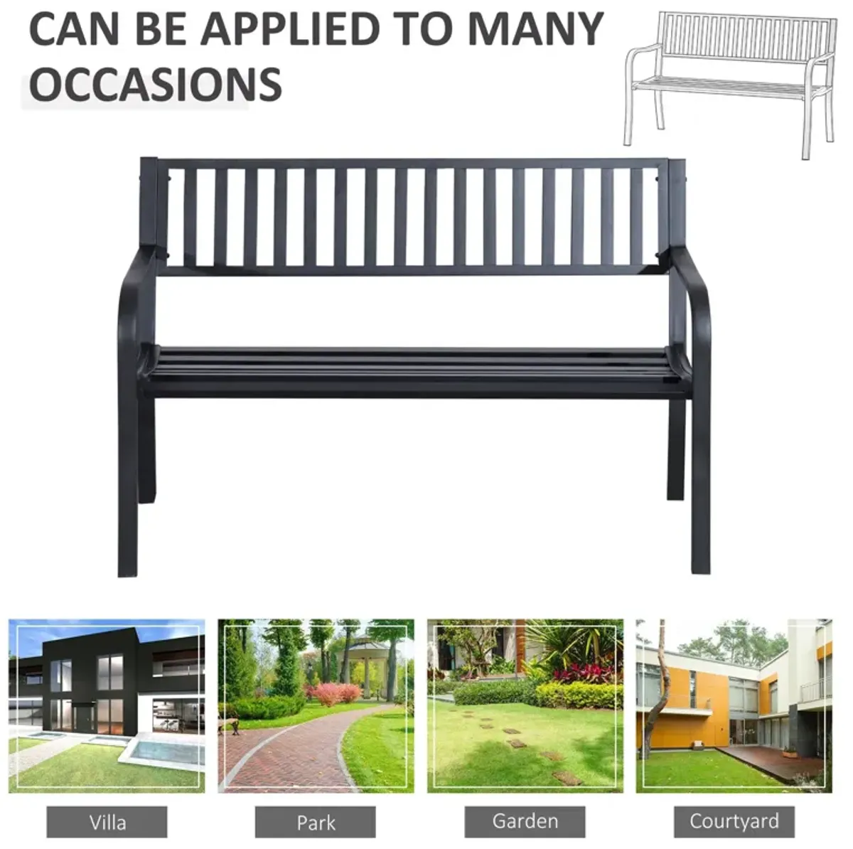 Poolside Duo Seat: 50" Black Metal Slatted Patio Bench for Two