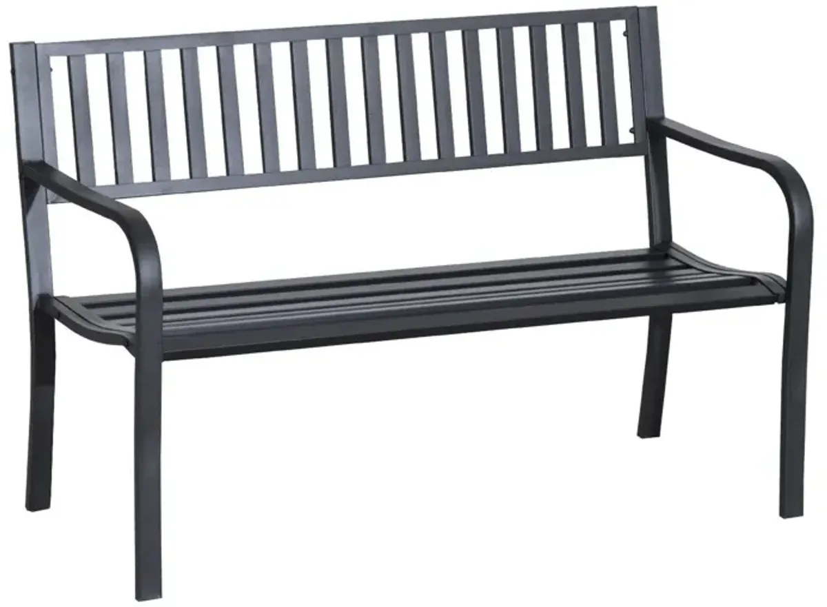 Poolside Duo Seat: 50" Black Metal Slatted Patio Bench for Two