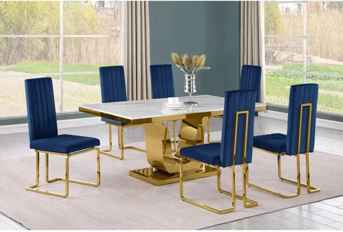 7pc Small(66") marble stop dining set with gold base and 6 Navy blue side chairs