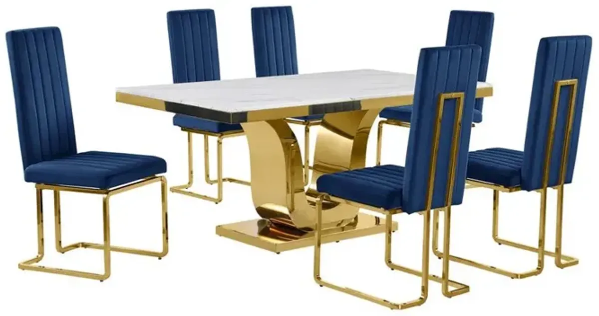 7pc Small(66") marble stop dining set with gold base and 6 Navy blue side chairs