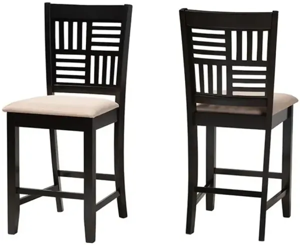 Beige Fabric and Dark Brown Finished Wood 2-Piece Counter Stool Set