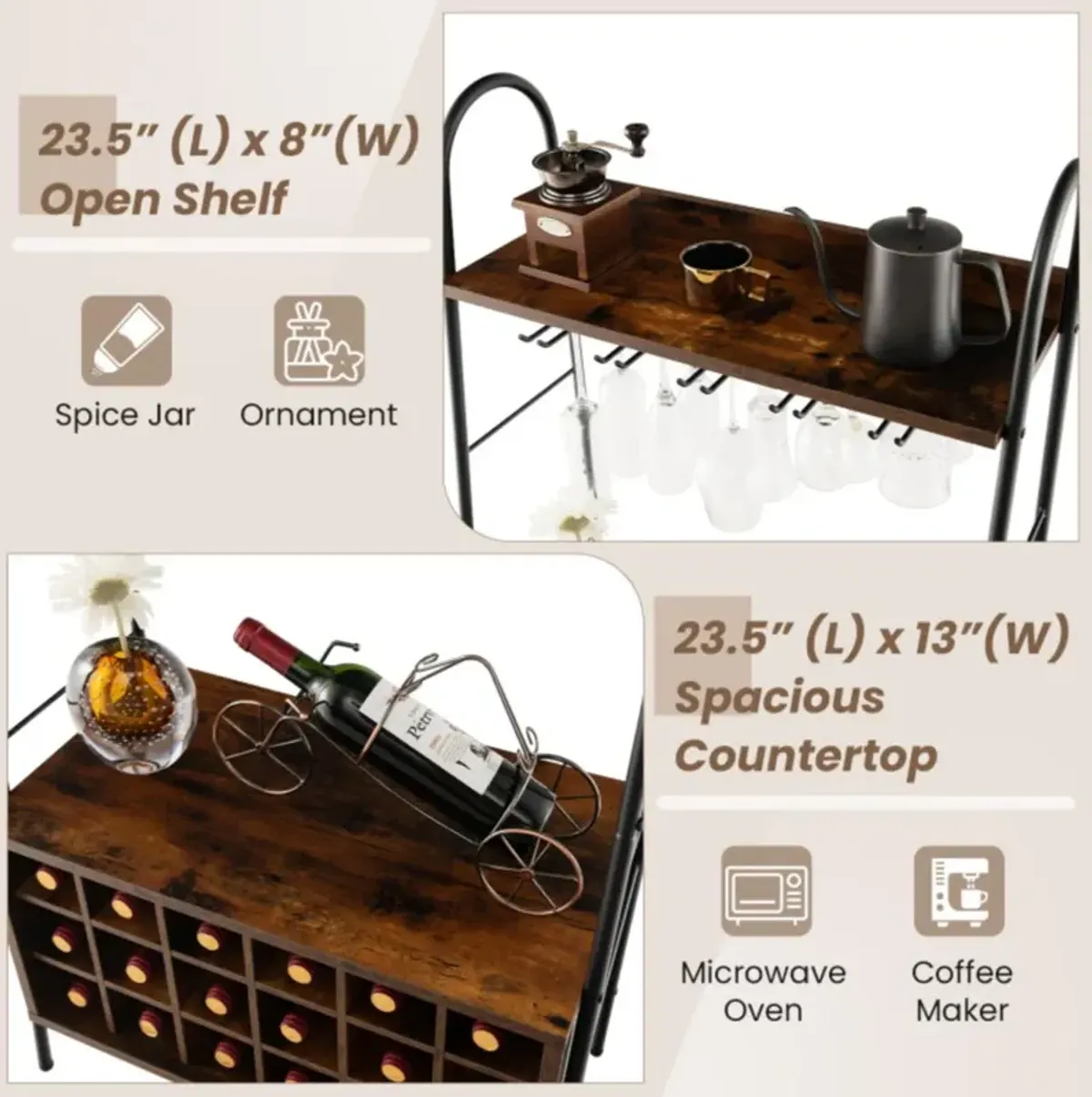 Hivvago Baker's Rack with Detachable Wine Rack and 5 Rows of Stemware Holder-Rustic Brown