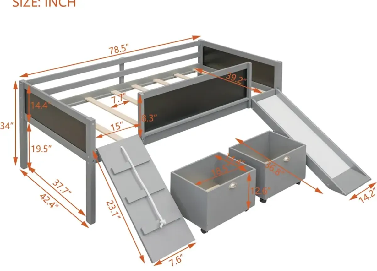 Twin size Loft Bed Wood Bed with Two Storage Boxes