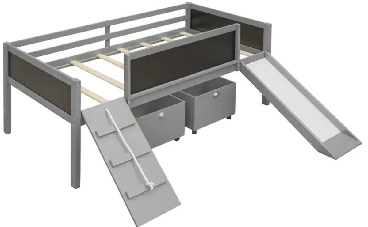 Twin size Loft Bed Wood Bed with Two Storage Boxes